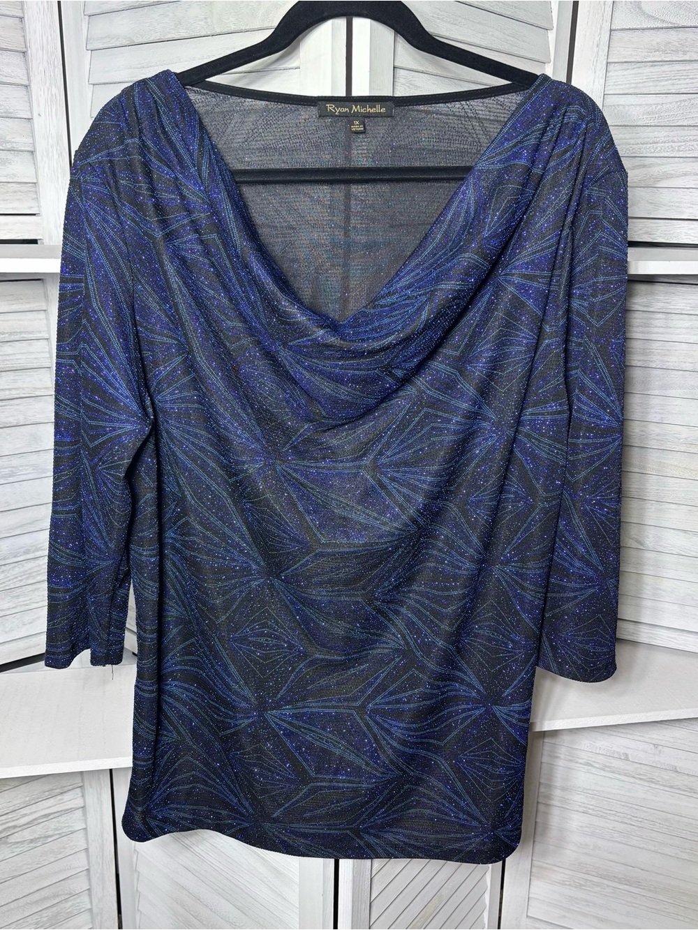 Ryan Michelle Plus Size 1X Metallic Blue Black Cowl Neck Tunic Top
